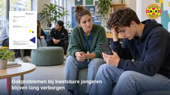 Jongerenwerker praat met jongere naast omslag Antenne Regiomonitor over gokken